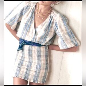 Sezane Robe Corte Olga Cotton Linen Check dress Carreaux Bleu Camel Size 6 NWT